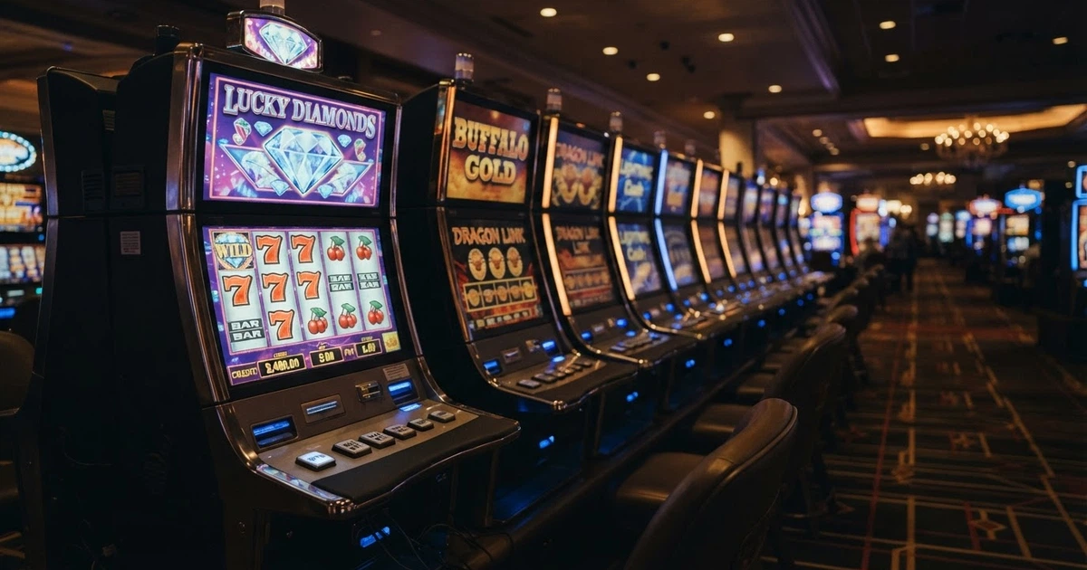 Une rangée de machines à sous dans un casino terrestre, écran illuminé affichant des rouleaux en mouvement