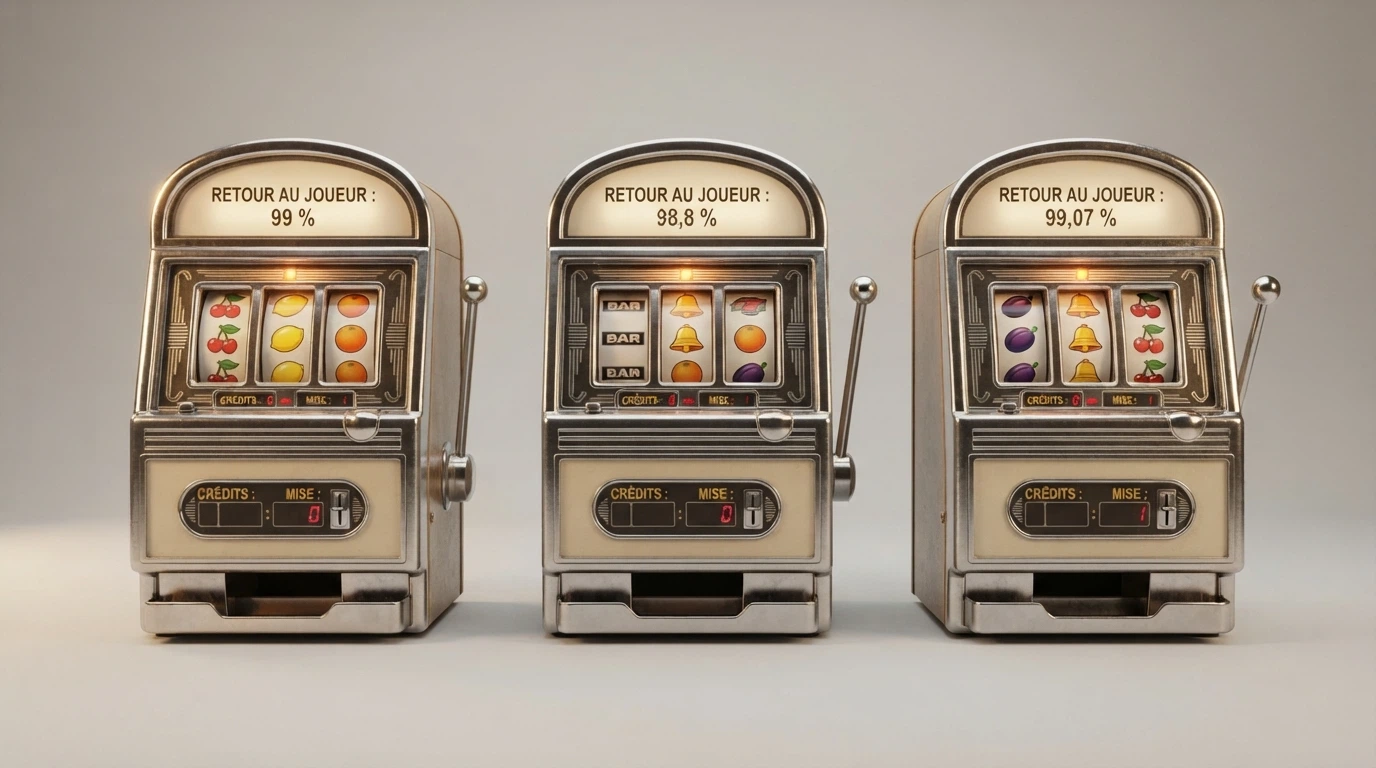 Capture d'écran comparative de trois machines à sous 3 rouleaux (Mega Joker, Jackpot 6000, Ugga Bugga) avec leur RTP affiché en surimpression
