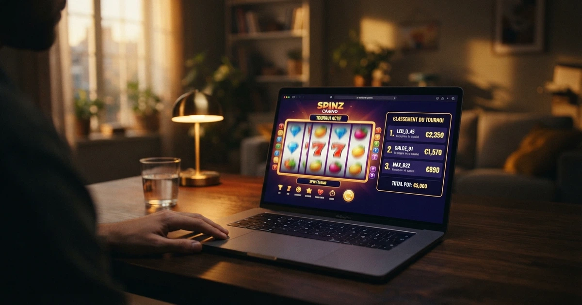 Un classement de tournoi de casino en ligne affiché sur un écran, avec des noms de joueurs, leurs scores et une cagnotte en euros en haut du tableau