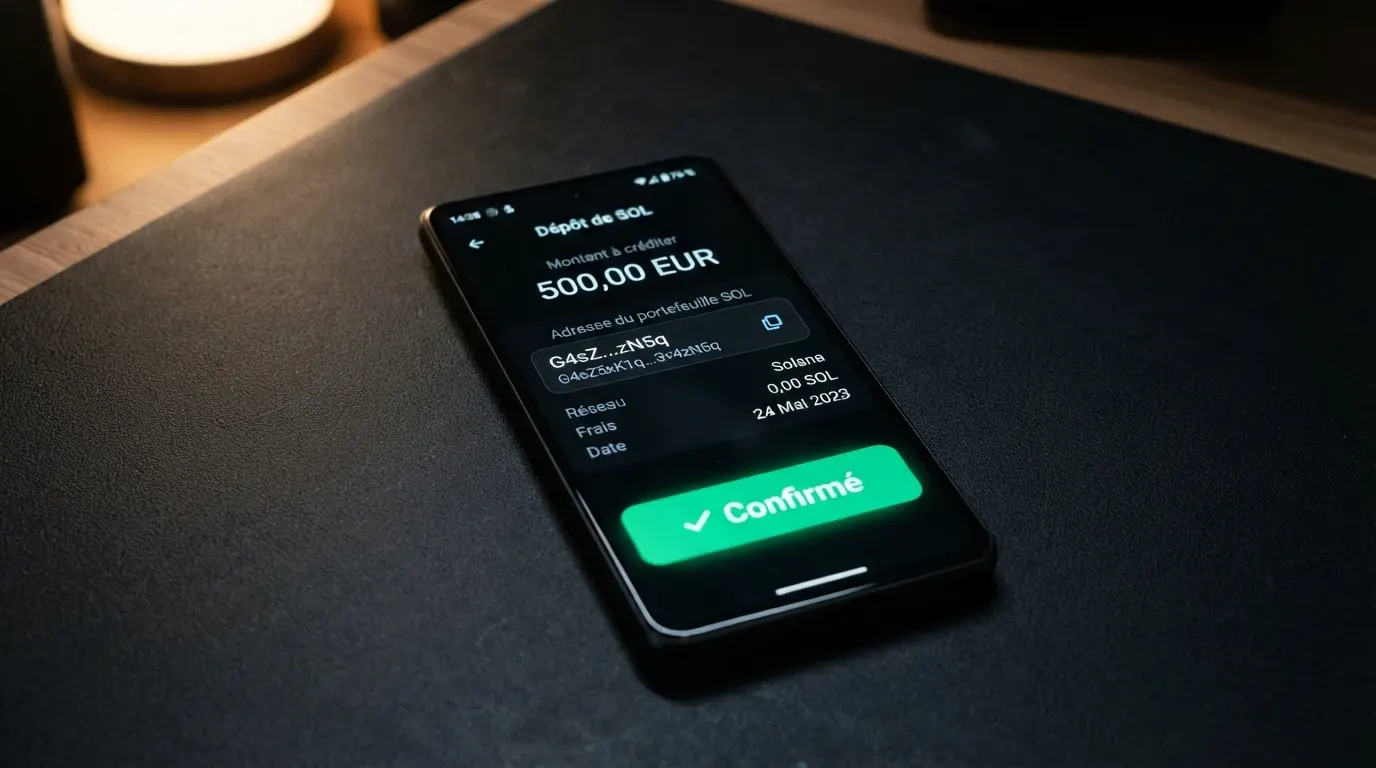 Une interface de dépôt crypto montrant une adresse Solana et un écran de confirmation de transaction sur la blockchain