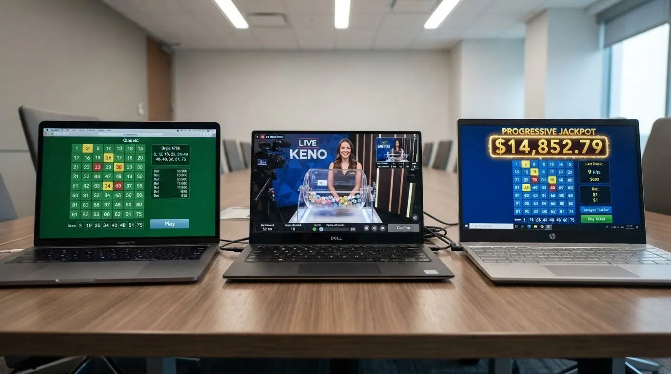 Trois écrans de keno en ligne affichant chacun une variante différente : une interface classique, une table de keno live avec croupier, et un jackpot progressif dont le compteur grimpe.
