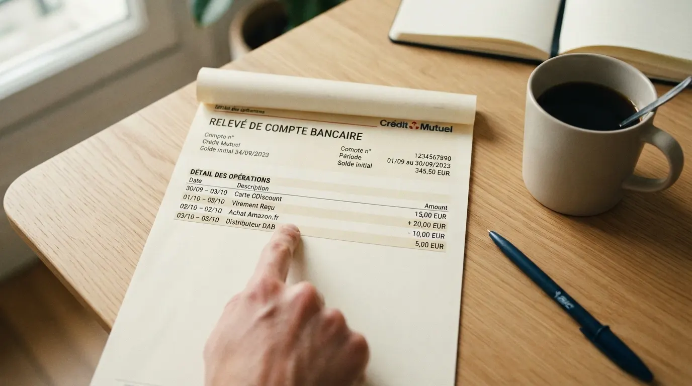 Un relevé de compte affichant les montants 5, 10, 15 et 20 euros