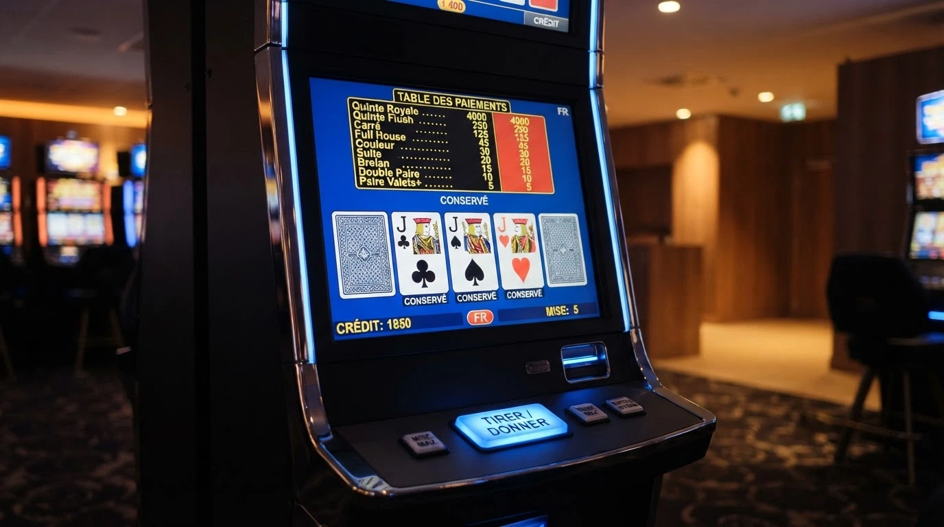 Écran de machine de video poker Deuces Wild affichant une main gagnante et la table de paiement