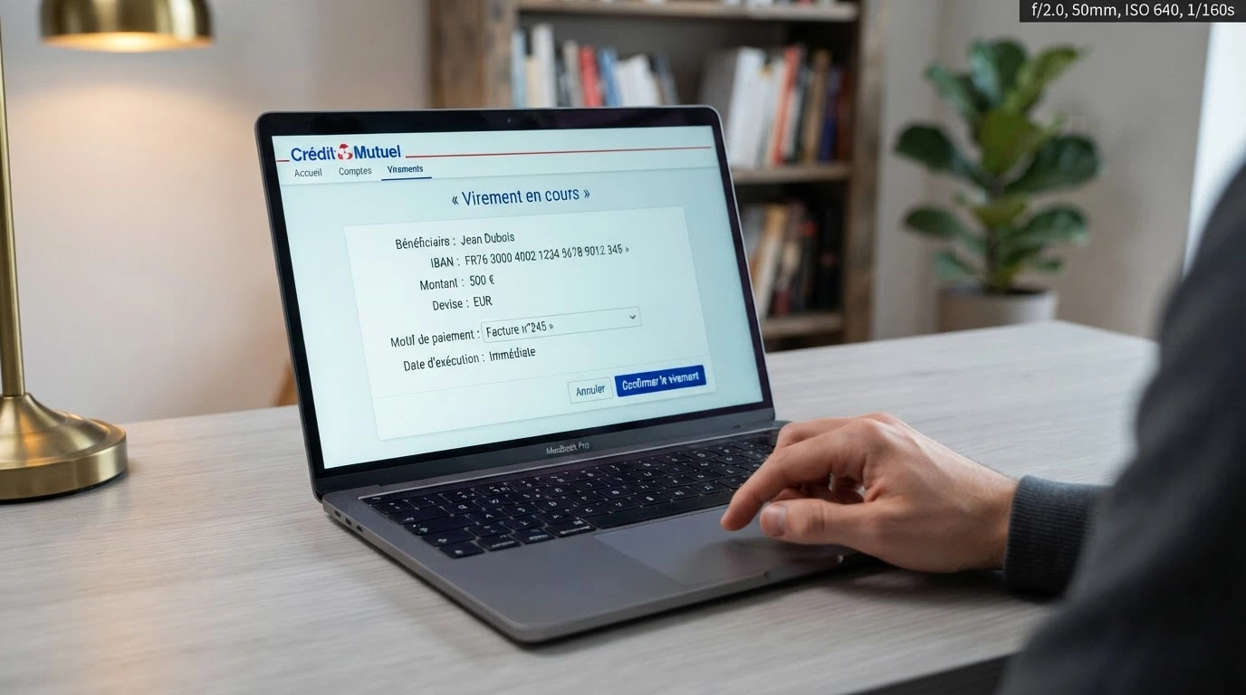 Un virement SEPA en cours sur une interface bancaire française, avec les champs IBAN, montant en euros et motif de paiement visibles