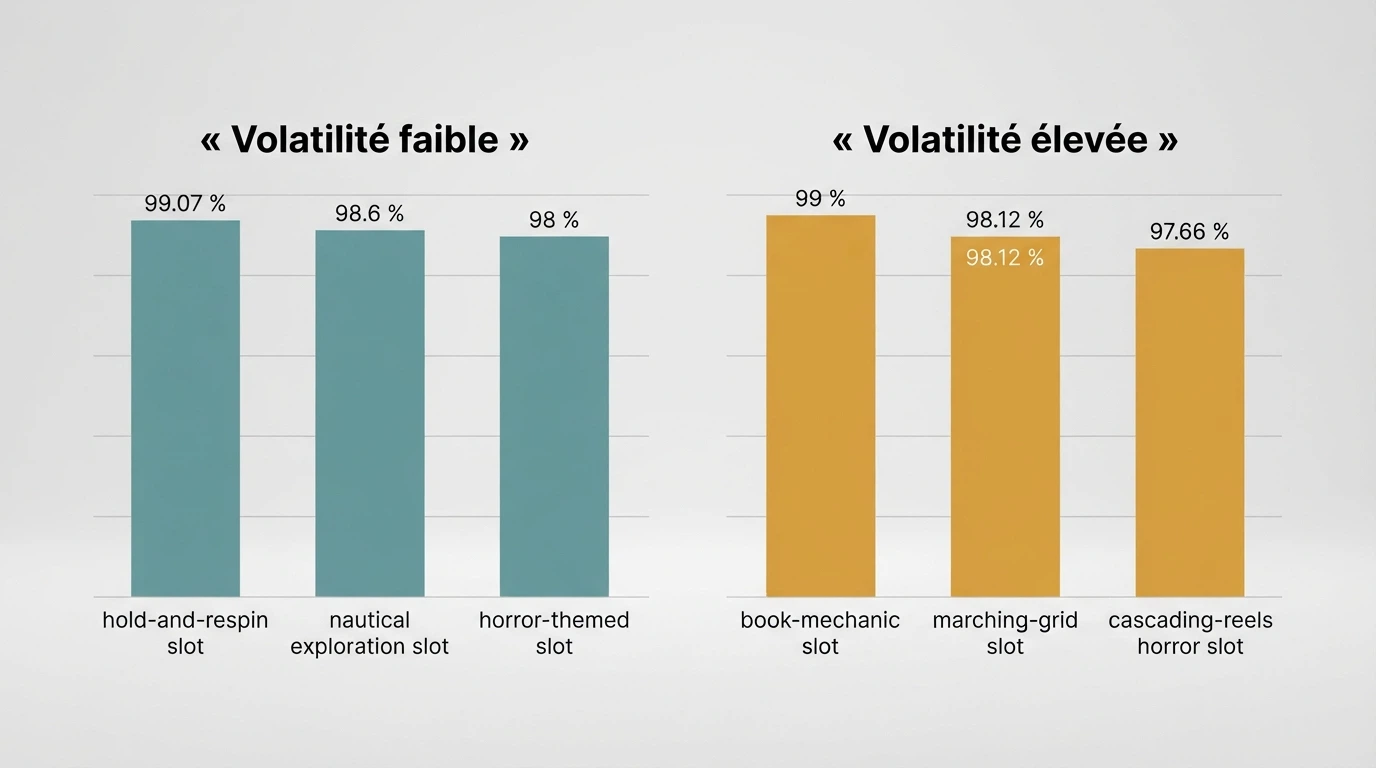 Deux graphiques côte à côte illustrant un profil de volatilité faible (gains fréquents et petits) et un profil de volatilité élevée (gains rares et importants)
