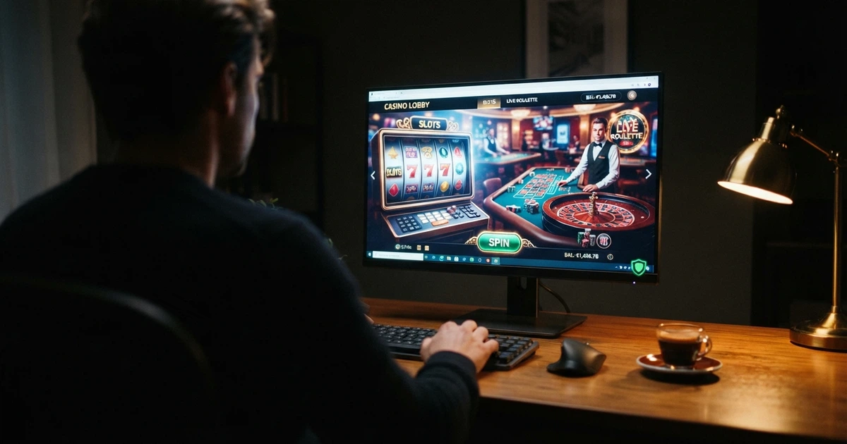 Un joueur devant un écran d'ordinateur affichant une interface de casino en ligne, avec l'icône de connexion VPN activée dans la barre des tâches