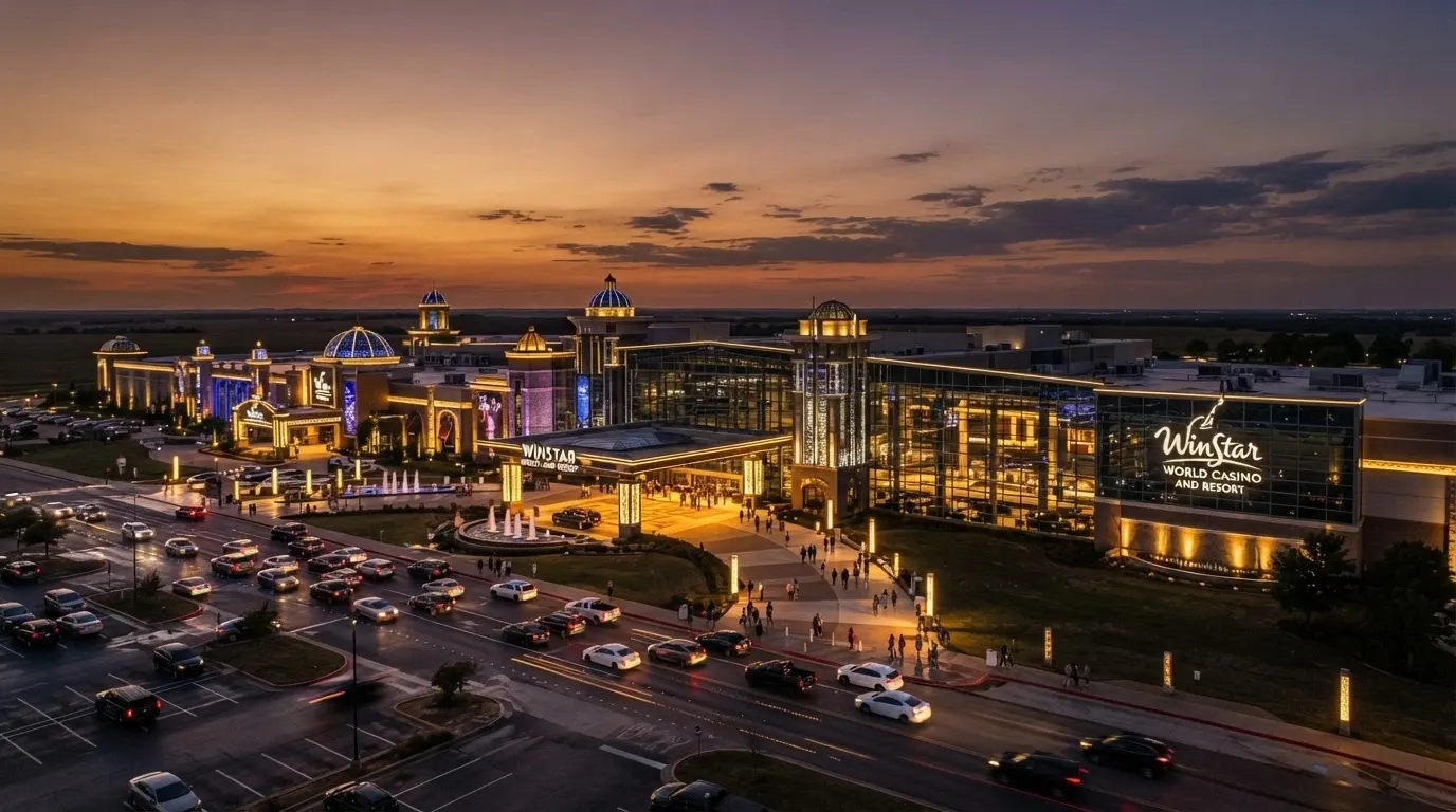 La façade monumentale du WinStar World Casino dans l'Oklahoma sous un ciel de fin de journée